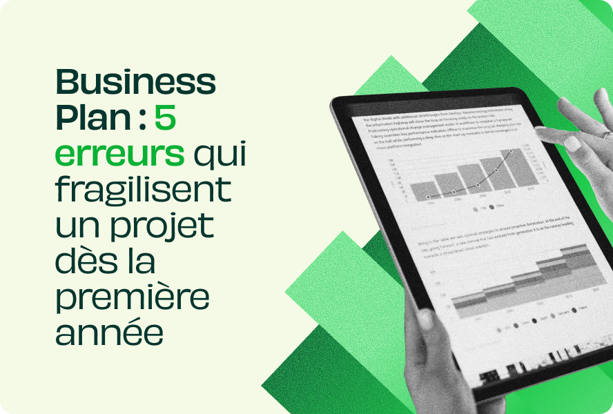Illustration d’un business plan avec graphiques financiers sur tablette, présentant cinq erreurs qui fragilisent un projet dès sa première année.